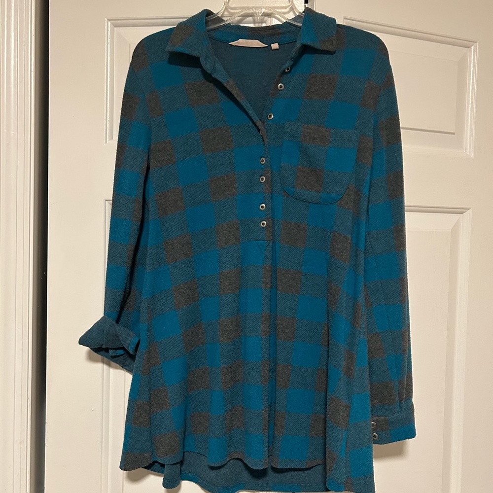 Soft Surroundings Teal and Gray Plaid Top